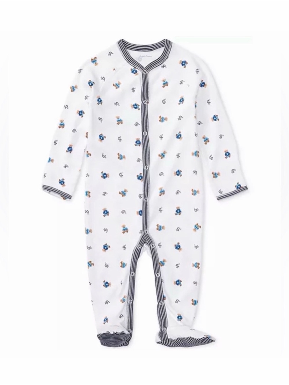 Polo Ralph Lauren White and Blue Bear Cotton Footie with Striped Details